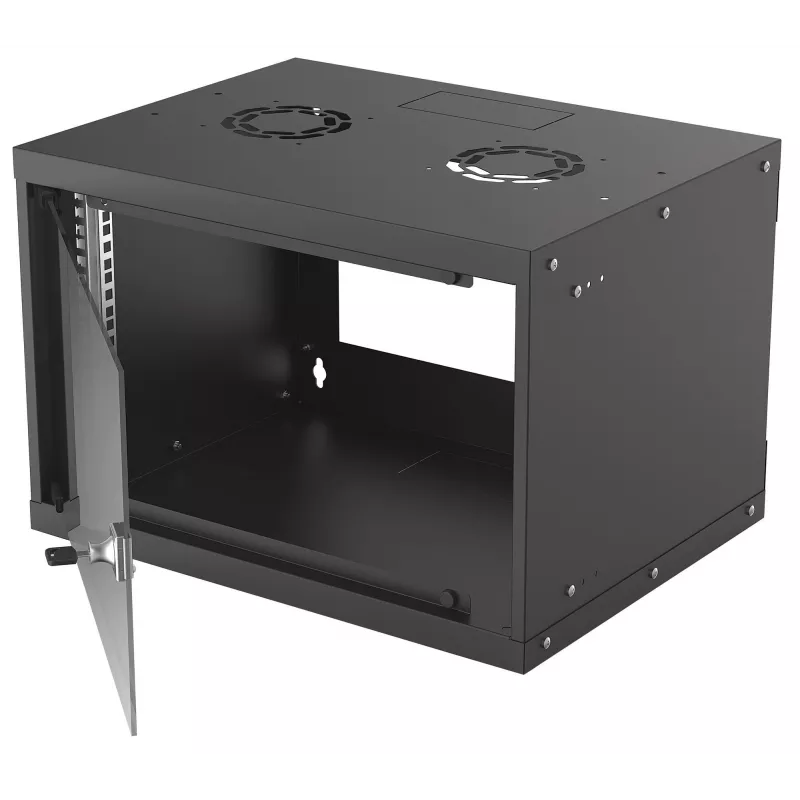 Pie sienas stiprināms tīkla skapis INTELLINET 714143 — 6U 19 collas, 540×400×353 mm, cinkots tērauds, stikla priekšpuse, IP20, maks. 50 kg