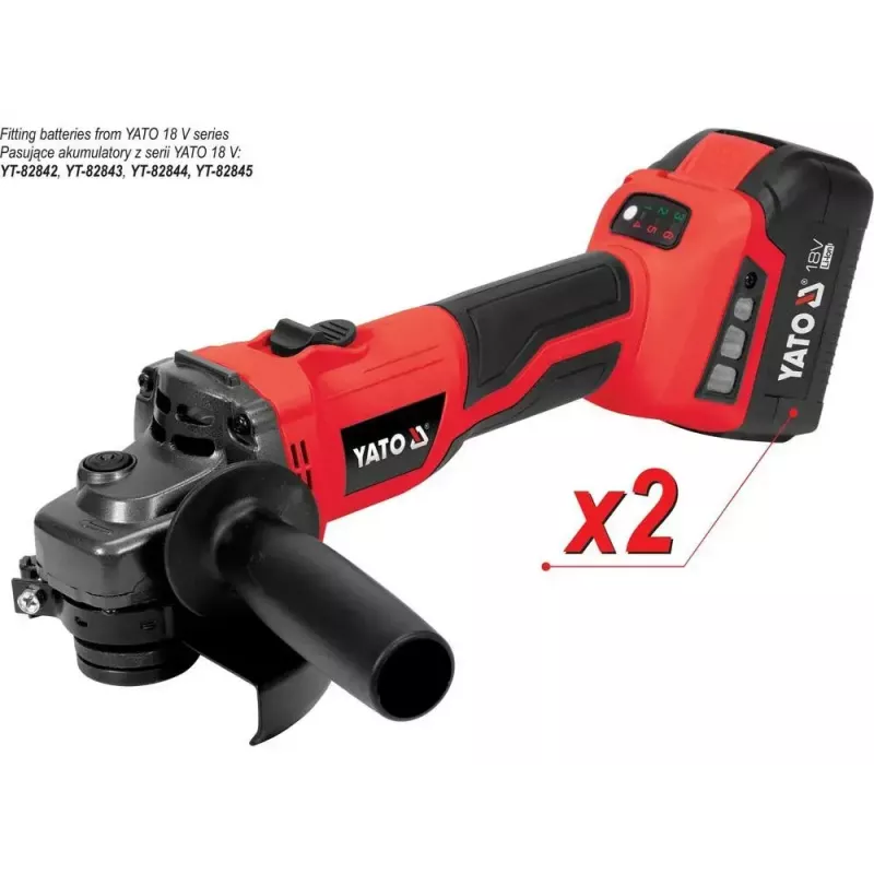 Leņķa slīpmašīna YATO YT-828295, bezvada 18 V, bezsuku, 125 mm disks, 2x 4 Ah Li-Ion akumulatori, 1,26 kg