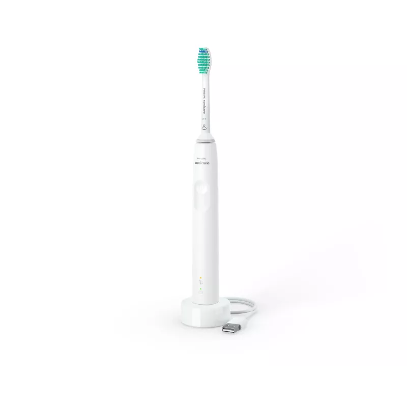Skaņas zobu birste Philips 3100 sērija HX3671/13 — skaņas, 31 000 kust./min, spiediena sensors, litija jonu, iebūvēts akumulators, 1 birstes galviņa, balta