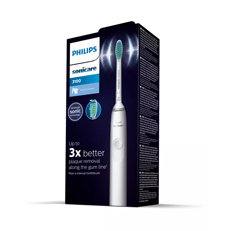 Skaņas zobu birste Philips 3100 sērija HX3671/13 — skaņas, 31 000 kust./min, spiediena sensors, litija jonu, iebūvēts akumulators, 1 birstes galviņa, balta