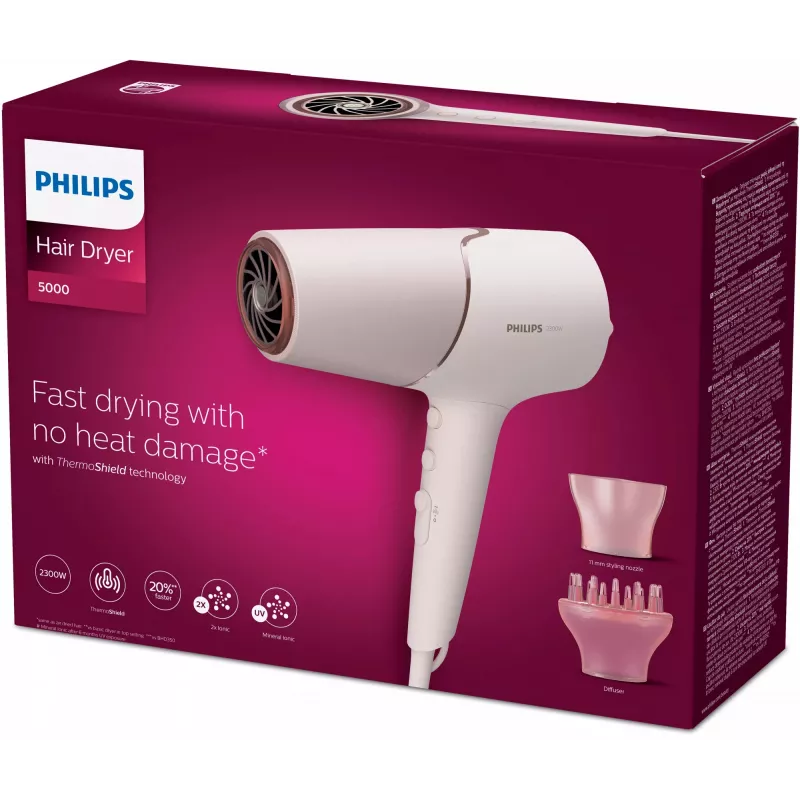 Matu žāvētājs Philips BHD530/00 2300 W, 6 ātrumi/6 siltuma iestatījumi, jonizācija, vēsās gaisa plūsmas poga, difuzors un koncentrators, rozā