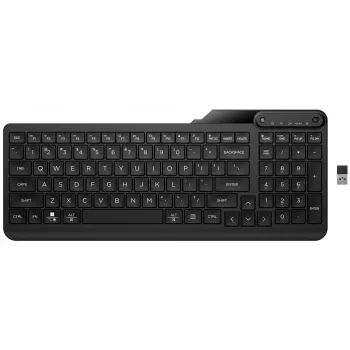 Bezvadu tastatūra HP 475 Dual-Mode — pilna izmēra QWERTY, RF + Bluetooth 5.3, ciparu tastatūra, melna, 376×153×19 mm