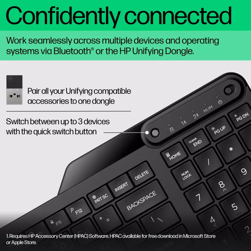 Bezvadu tastatūra HP 475 Dual-Mode — pilna izmēra QWERTY, RF + Bluetooth 5.3, ciparu tastatūra, melna, 376×153×19 mm