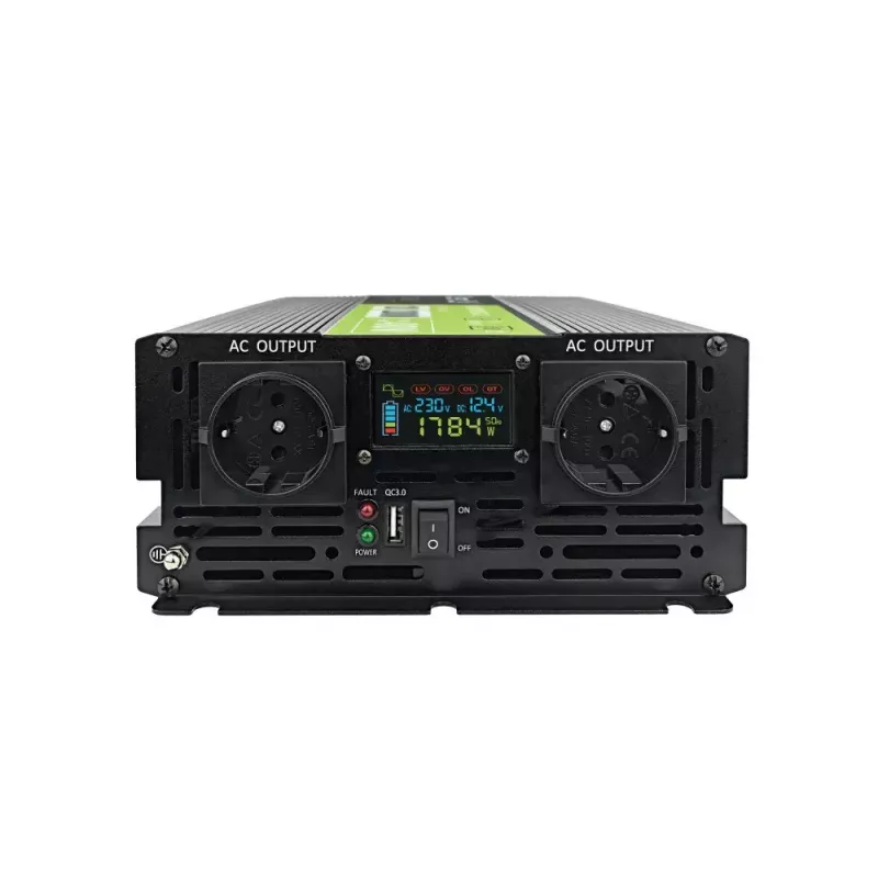 Auto invertors zaļa Cell INVGC12P2000LCD 2000W 12V uz 230V tīrs sinusoidāls vilnis, LCD, 1×USB, 2×aux