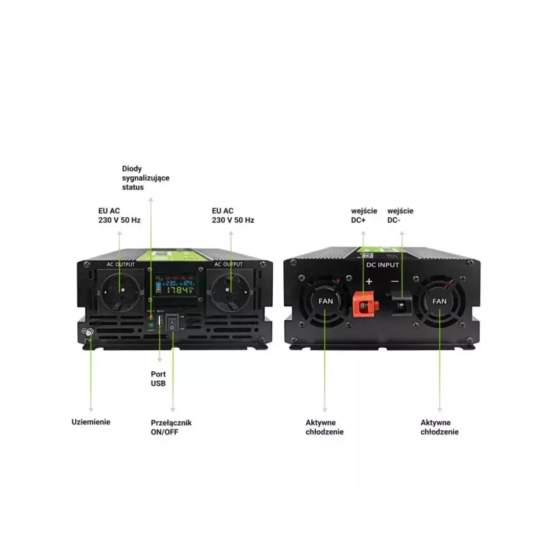 Auto invertors zaļa Cell INVGC12P2000LCD 2000W 12V uz 230V tīrs sinusoidāls vilnis, LCD, 1×USB, 2×aux