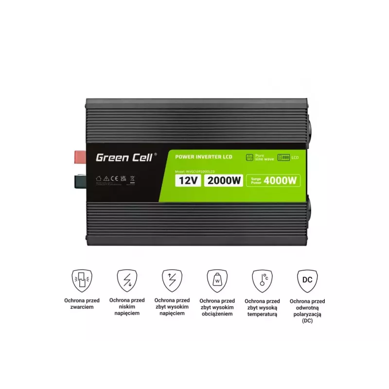 Auto invertors zaļa Cell INVGC12P2000LCD 2000W 12V uz 230V tīrs sinusoidāls vilnis, LCD, 1×USB, 2×aux