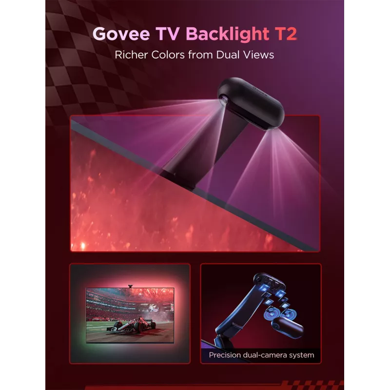 LED gaismas lente Govee Envisual TV Backlight T2 ar divām kamerām 75–85 collu televizoriem