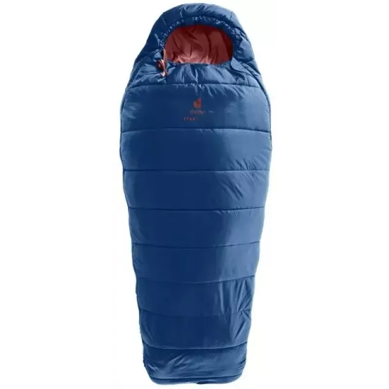 Mūmijveida guļammaiss DEUTER Starlight augumam 130–170 cm, dobšķiedras pildījums, vasara, 910 g, ar kapuci, tumši zils/sarkankoka