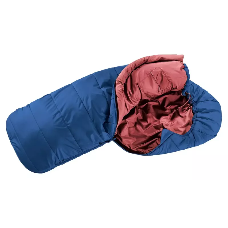 Mūmijveida guļammaiss DEUTER Starlight augumam 130–170 cm, dobšķiedras pildījums, vasara, 910 g, ar kapuci, tumši zils/sarkankoka
