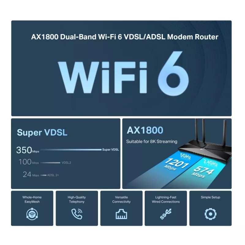TP-Link Archer AX1800 Divjoslu Wi-Fi 6 VDSL/ADSL modema maršrutētājs