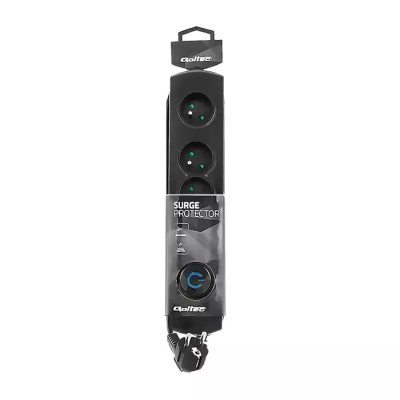 Pārsprieguma aizsargs QOLTEC 50104 — 4 maiņstrāvas kontaktligzdas, 230 V, 1,5 m kabelis, melns