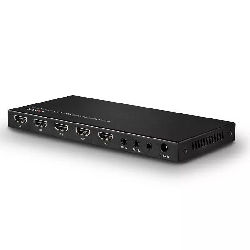 Lindy 4 Port HDMI 18G Switch ar audio, HDMI, metāls, melns, 18 Gbit/s, 3840 x 2160 pikseļi, 5.1 kanāli