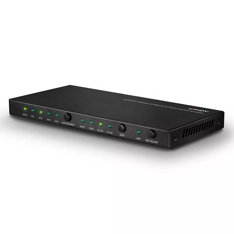 Lindy 4 Port HDMI 18G Switch ar audio, HDMI, metāls, melns, 18 Gbit/s, 3840 x 2160 pikseļi, 5.1 kanāli