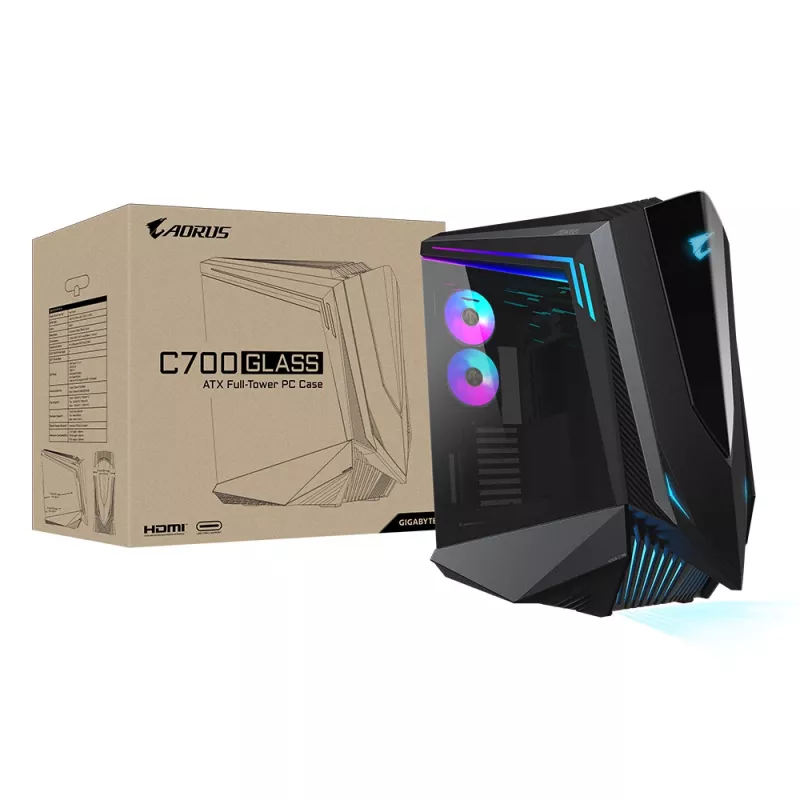 GIGABYTE AORUS C700 GLASS datora korpuss - Full Tower, atbalsta līdz E-ATX un 420 mm radiatoriem, iepriekš uzstādīti 120 mm*5 ventilatori, USB 3.1 Type-C, RGB Fusion