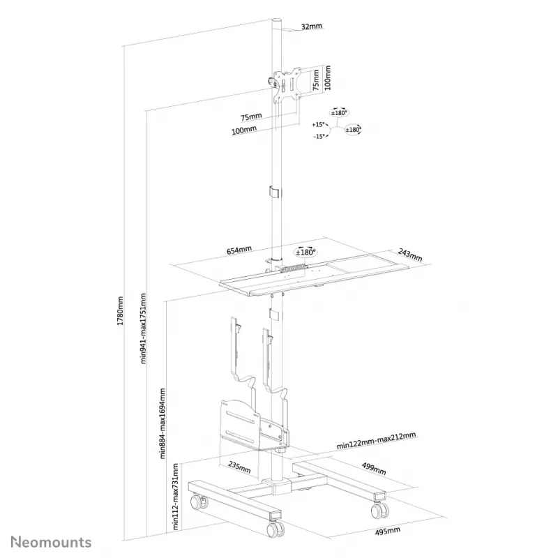 Neomounts FPMA-MOBILE1700 mobilā darbstacija 10-32 collas