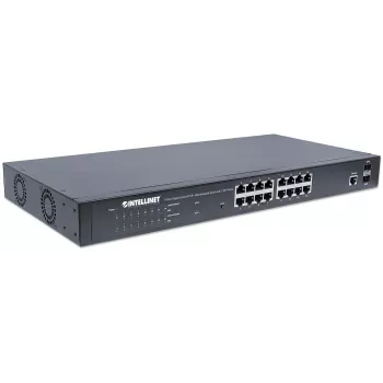 Intellinet 16 portu Gigabit Ethernet PoE+ tīmekļa pārvaldīts slēdzis ar 2 SFP portiem, IEEE 802.3at/af Power over Ethernet (PoE+/PoE) saderīgs, 374 W, Endspan, 19 collu statīva montāža