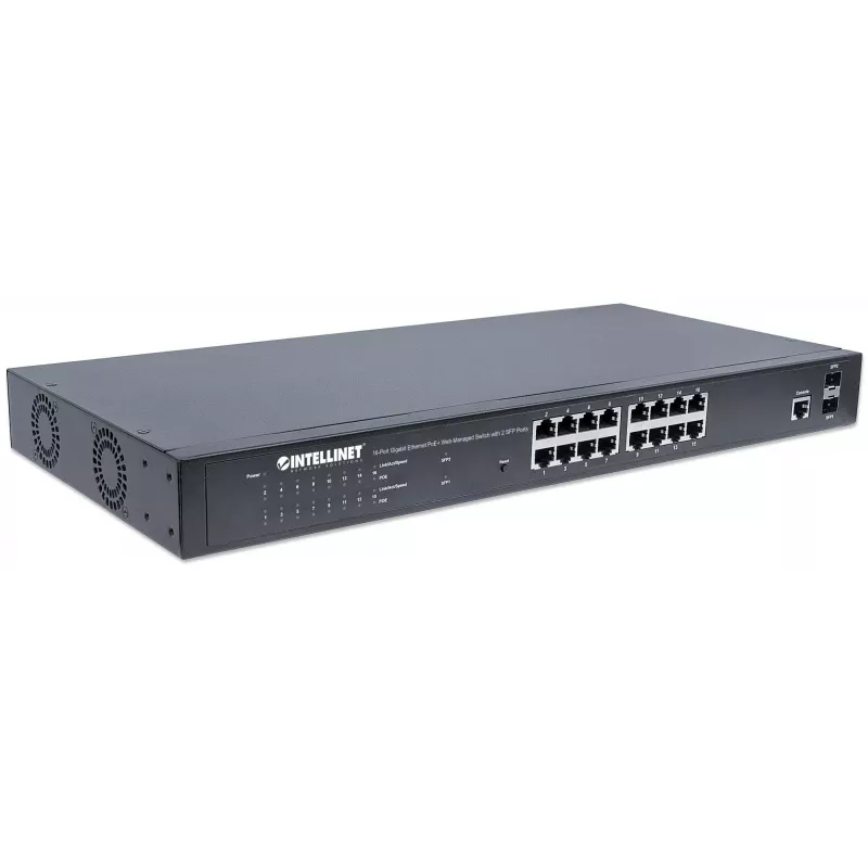 Intellinet 16 portu Gigabit Ethernet PoE+ tīmekļa pārvaldīts slēdzis ar 2 SFP portiem, IEEE 802.3at/af Power over Ethernet (PoE+/PoE) saderīgs, 374 W, Endspan, 19 collu statīva montāža