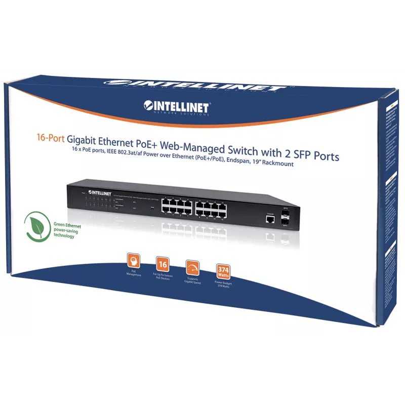 Intellinet 16 portu Gigabit Ethernet PoE+ tīmekļa pārvaldīts slēdzis ar 2 SFP portiem, IEEE 802.3at/af Power over Ethernet (PoE+/PoE) saderīgs, 374 W, Endspan, 19 collu statīva montāža