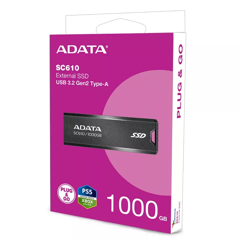 USB zibatmiņa ADATA SC610 1 TB, USB Type-A, USB 3.2 Gen 2, piedurknes formas faktors, melna, plastmasas korpuss