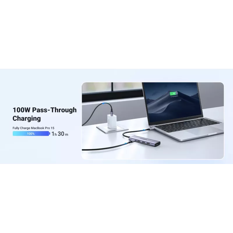 UGREEN klēpjdatora doks 15596 USB 3.2 Gen 1 Type-A + Type-C, 3× USB-A, 1× USB-C PD 100W, 1× HDMI 2.0, alumīnijs