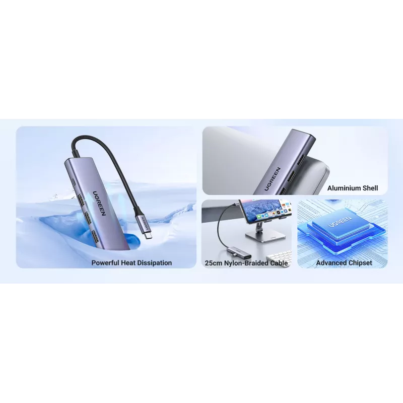 UGREEN klēpjdatora doks 15596 USB 3.2 Gen 1 Type-A + Type-C, 3× USB-A, 1× USB-C PD 100W, 1× HDMI 2.0, alumīnijs