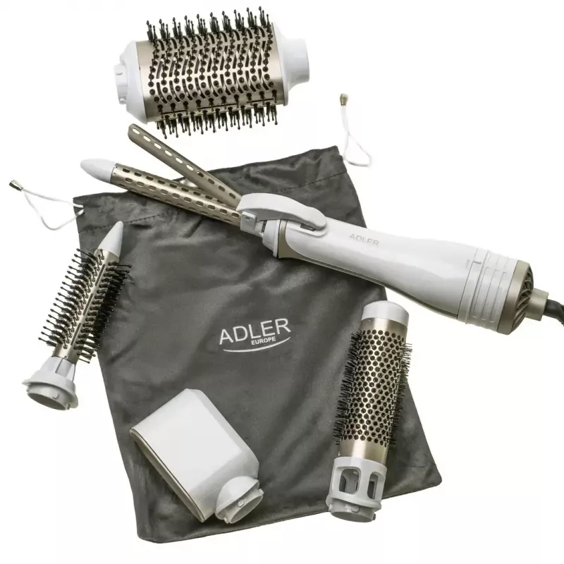 Matu žāvētājs un lokotājs Adler AD 2027 — 2-in-1 veidošanas instruments, 1200 W, 2 temperatūras iestatījumi, 5 uzgaļi, suku diametri 2,1/3,8/7,2 cm, maks. lokojuma Ø 1,9 cm