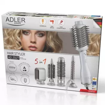 Matu žāvētājs un lokotājs Adler AD 2027 — 2-in-1 veidošanas instruments, 1200 W, 2 temperatūras iestatījumi, 5 uzgaļi, suku diametri 2,1/3,8/7,2 cm, maks. lokojuma Ø 1,9 cm
