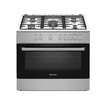Brīvi stāvoša gāzes-elektriskā plīts Ravanson KWGE-K90A Cheff, 90 cm, 5 degļu virsma (wok), elektriskā cepeškrāsns 110 l, nerūsējošais/sudraba
