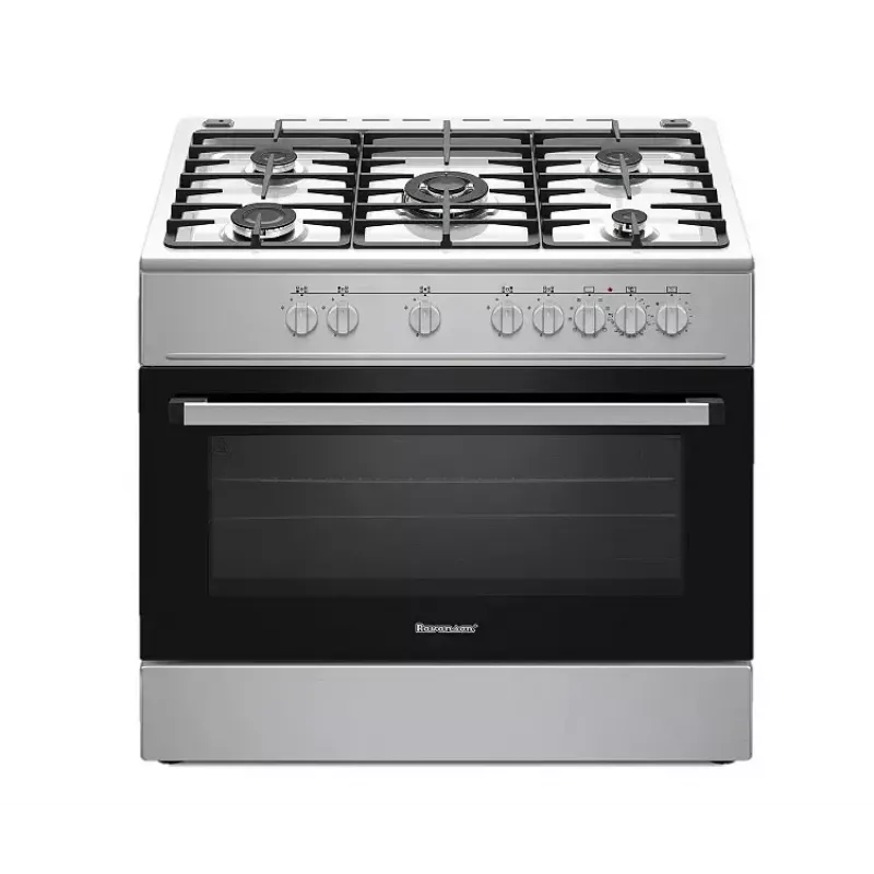 Brīvi stāvoša gāzes-elektriskā plīts Ravanson KWGE-K90A Cheff, 90 cm, 5 degļu virsma (wok), elektriskā cepeškrāsns 110 l, nerūsējošais/sudraba