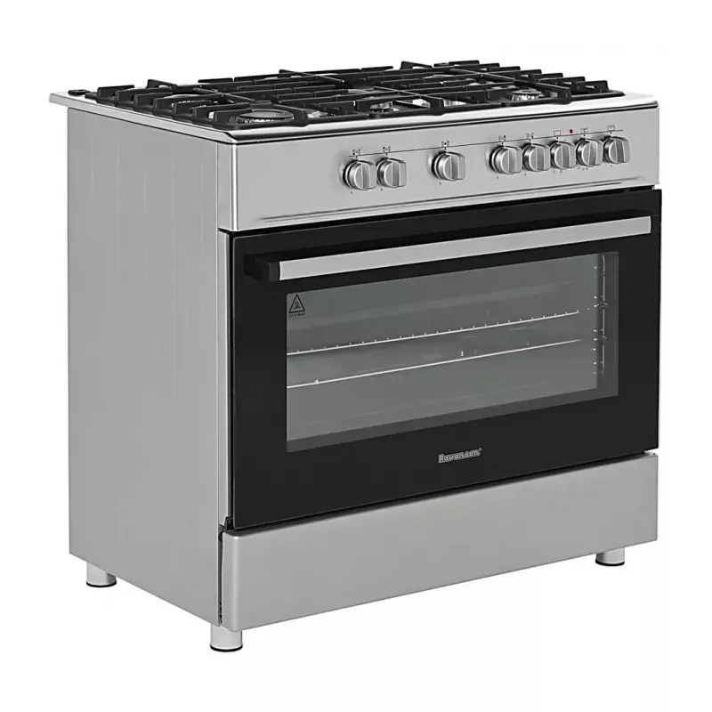 Brīvi stāvoša gāzes-elektriskā plīts Ravanson KWGE-K90A Cheff, 90 cm, 5 degļu virsma (wok), elektriskā cepeškrāsns 110 l, nerūsējošais/sudraba