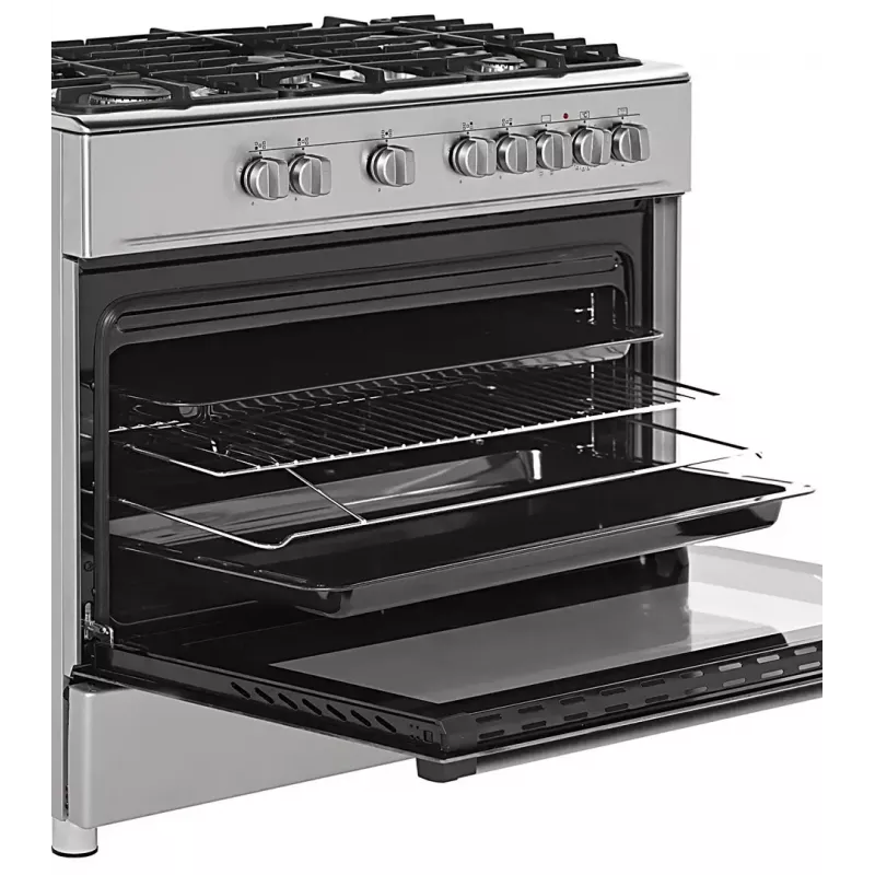 Brīvi stāvoša gāzes-elektriskā plīts Ravanson KWGE-K90A Cheff, 90 cm, 5 degļu virsma (wok), elektriskā cepeškrāsns 110 l, nerūsējošais/sudraba