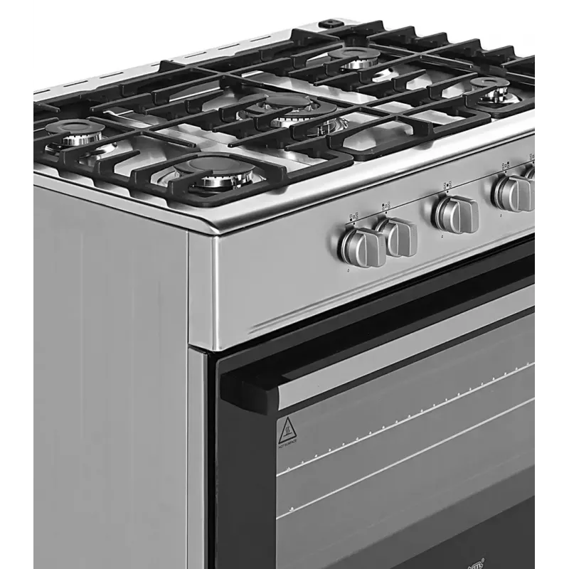 Brīvi stāvoša gāzes-elektriskā plīts Ravanson KWGE-K90A Cheff, 90 cm, 5 degļu virsma (wok), elektriskā cepeškrāsns 110 l, nerūsējošais/sudraba