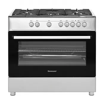 Brīvi stāvoša gāzes-elektriskā plīts Ravanson KWGE-K90A Cheff, 90 cm, 5 degļu virsma (wok), elektriskā cepeškrāsns 110 l, nerūsējošais/sudraba