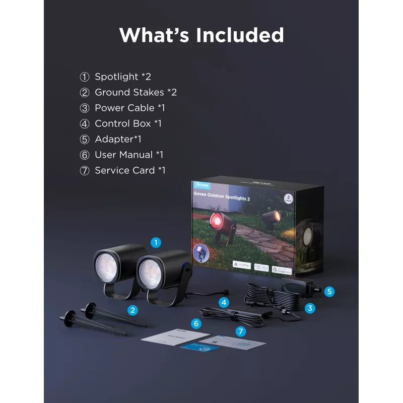 Āra prožektori Govee H7093 RGBICWW 750 lm Wi‑Fi 2.4 GHz, RGB un silti balta