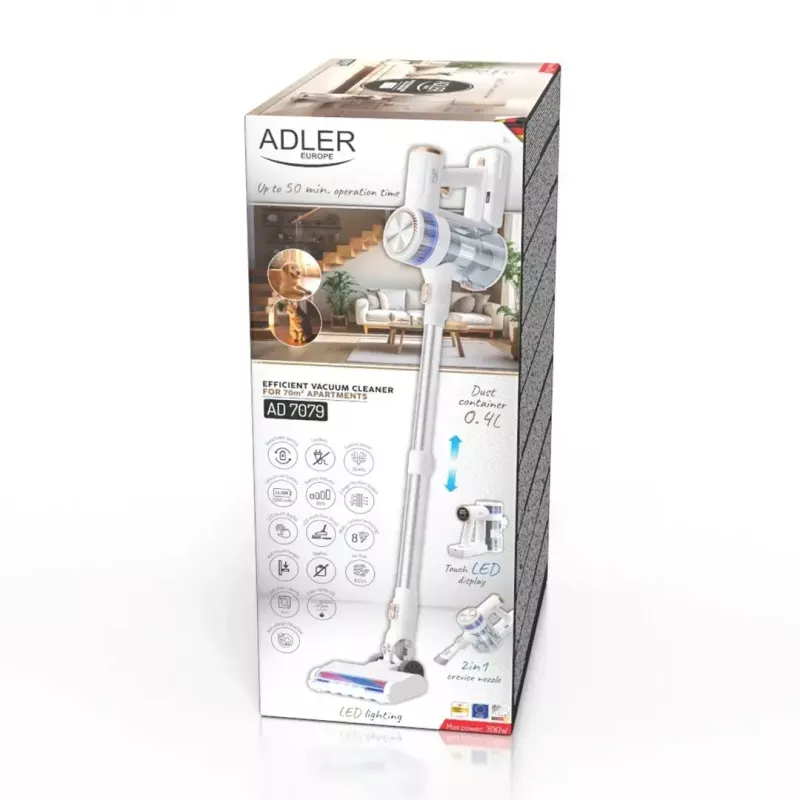 Bezvadu stāvošais putekļsūcējs Adler AD 7079, bezsuku motors, 9000 Pa, 2200 mAh, 0,4 l bez maisiņa