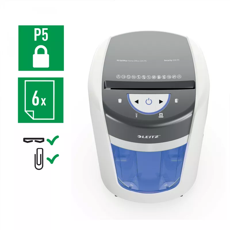 Leitz IQ OptiMax Home Office 225 mikro griezuma papīra smalcinātājs, drošības līmenis P5, 15 L, balts