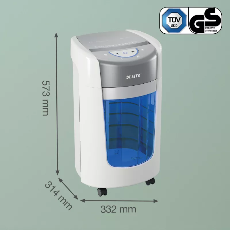 Leitz IQ OptiMax Home Office 225 mikro griezuma papīra smalcinātājs, drošības līmenis P5, 15 L, balts