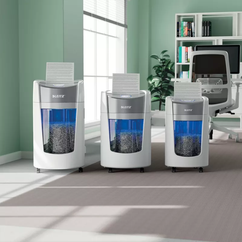 Leitz IQ OptiMax Home Office 225 mikro griezuma papīra smalcinātājs, drošības līmenis P5, 15 L, balts