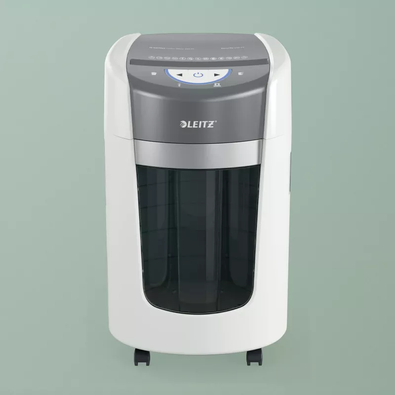 Leitz IQ OptiMax Home Office 225 mikro griezuma papīra smalcinātājs, drošības līmenis P5, 15 L, balts