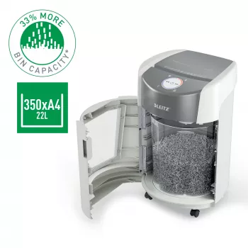 Leitz IQ OptiMax Small Office 350 Micro Cut papīra smalcinātājs, drošības līmenis P5, 22L - Balts