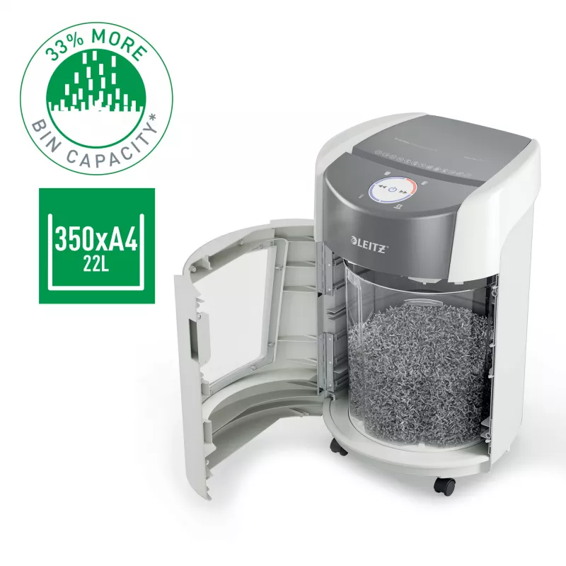 Leitz IQ OptiMax Small Office 350 Micro Cut papīra smalcinātājs, drošības līmenis P5, 22L - Balts