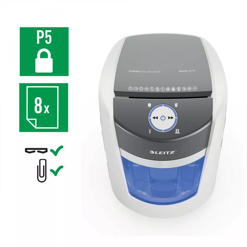 Leitz IQ OptiMax Small Office 350 Micro Cut papīra smalcinātājs, drošības līmenis P5, 22L - Balts