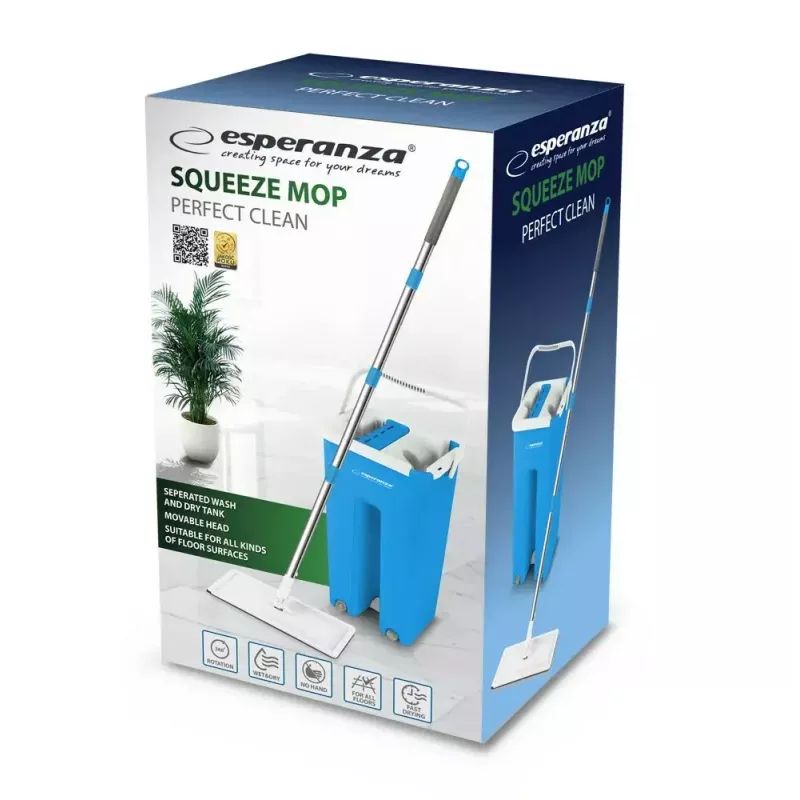 Mopas komplekts mitrām grīdām ESPERANZA EHS004 ar spaini, maināmu mikrošķiedras uzkabi, grozāmu galvu, 1250 mm augstumu, 1,1 kg
