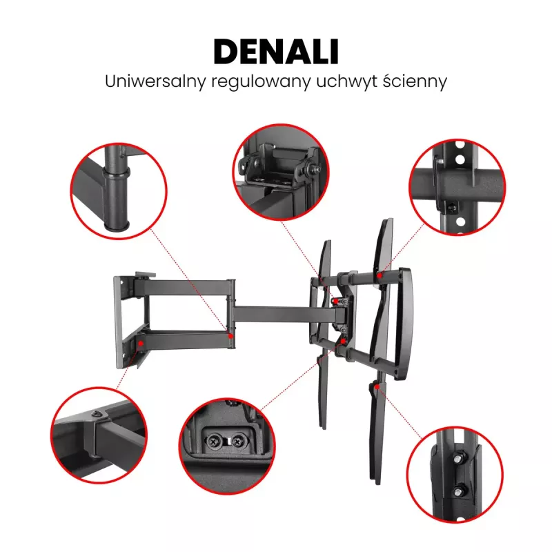 Sienas TV kronšteins MONTIS DENALI MT162 37 collu–105 collu ekrāniem, tērauds, 75 kg ietilpība, VESA 200x100–800x600, nolieks/grozāms/pagriežams, 7,3–60,9 cm