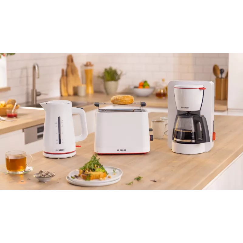 Elektriskā tējkanna Bosch TWK3M121 — 1,7 L, 2400 W, balta, plastmasas korpuss
