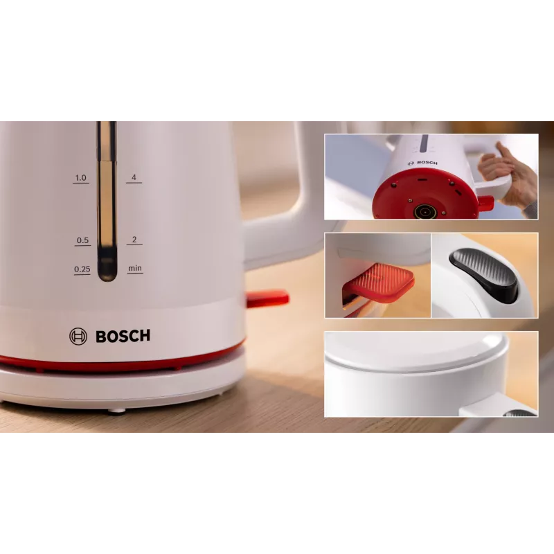 Elektriskā tējkanna Bosch TWK3M121 — 1,7 L, 2400 W, balta, plastmasas korpuss