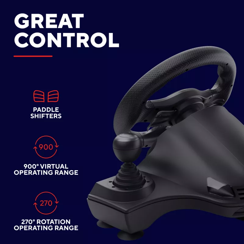 Trust GXT 289 Movi Melns USB stūre + pedāļi Nintendo Switch, PlayStation 4, Xbox One S, Xbox One X, Xbox Series S, Xbox Series X
