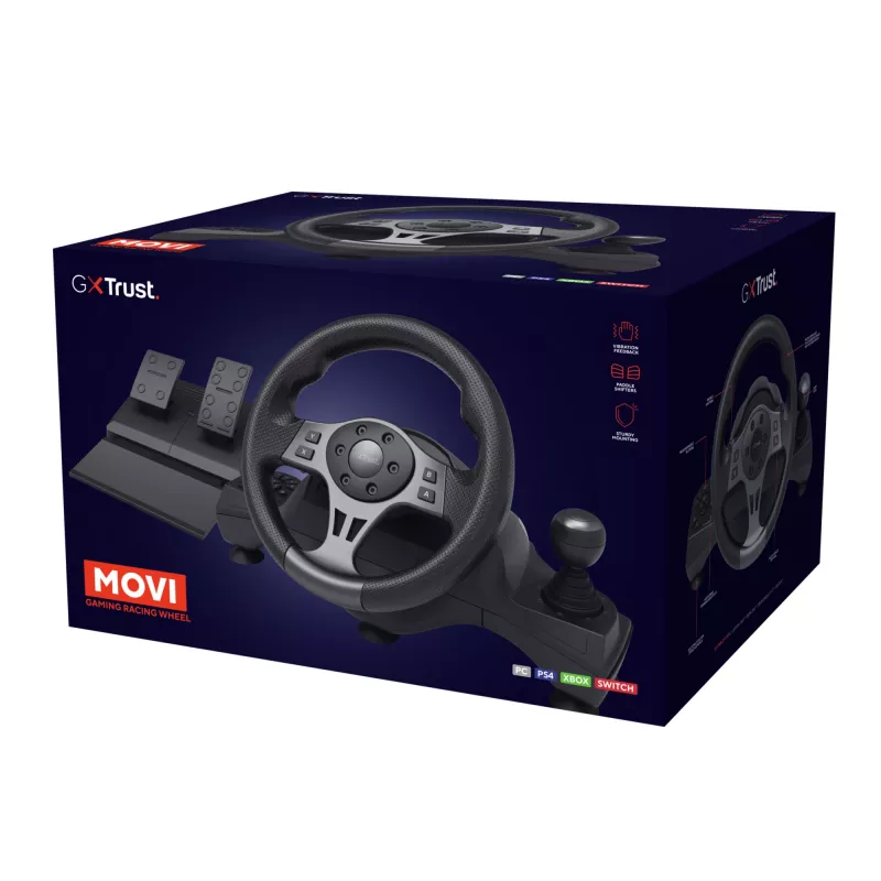 Trust GXT 289 Movi Melns USB stūre + pedāļi Nintendo Switch, PlayStation 4, Xbox One S, Xbox One X, Xbox Series S, Xbox Series X