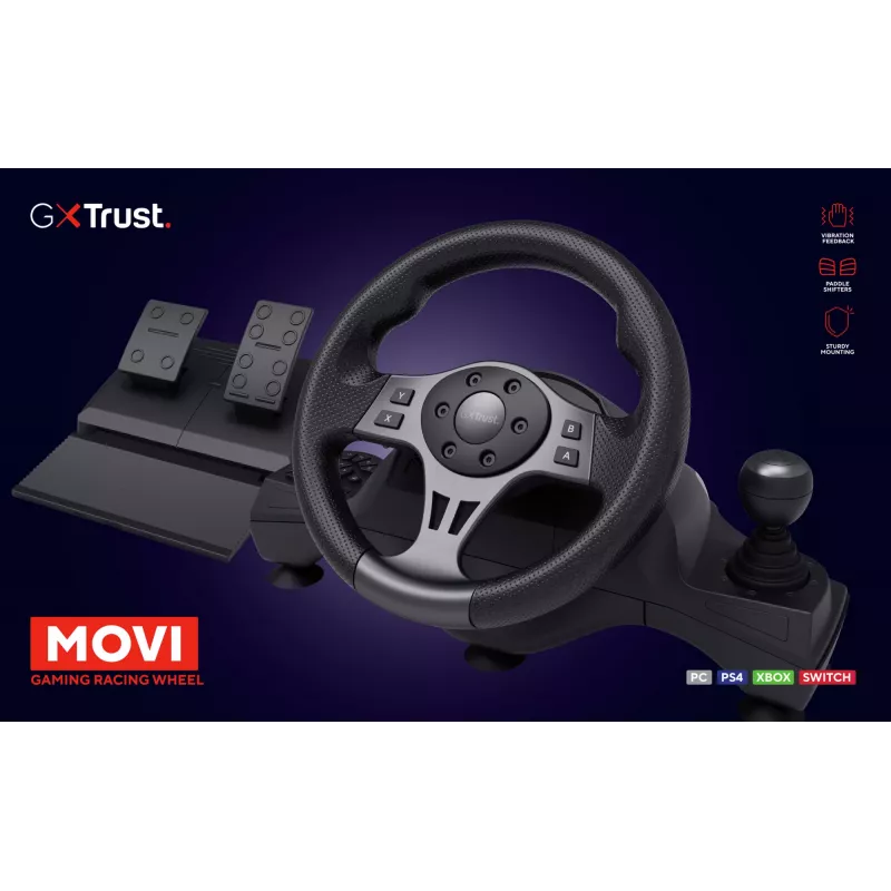 Trust GXT 289 Movi Melns USB stūre + pedāļi Nintendo Switch, PlayStation 4, Xbox One S, Xbox One X, Xbox Series S, Xbox Series X
