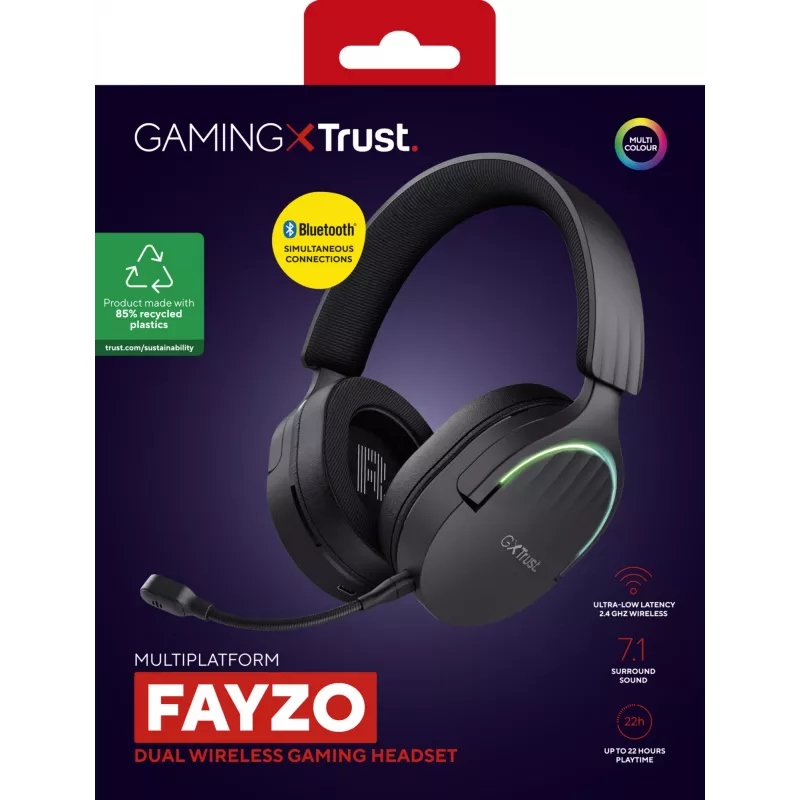 Trust GXT 491 Fayzo austiņas, ar vadu un bezvadu, galvas stīpa, spēlēm, USB Type-C, Bluetooth, melnas